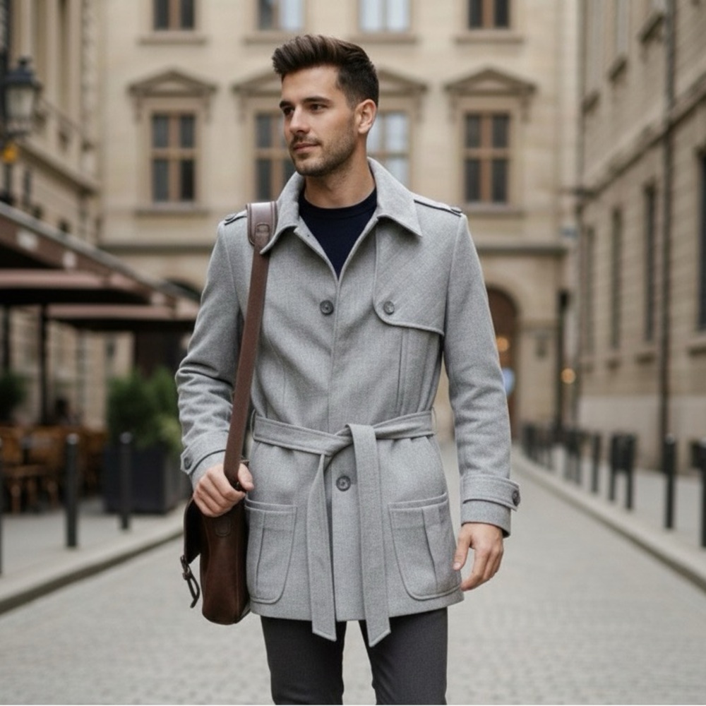 Obakki Light Grey 100% Wool Trench Coat Size S